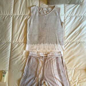 Liz Claiborne Cream Sleeveless Top and Striped linen pants.  No stains, rips.